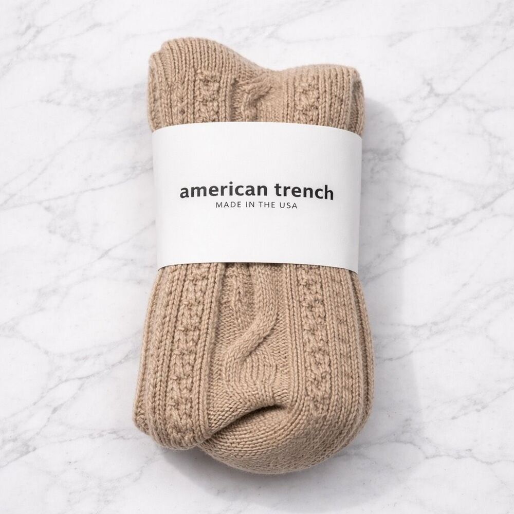 American Trench Premium Wool Silk Cable Knit Crew Socks Oatmeal USA Women NWT